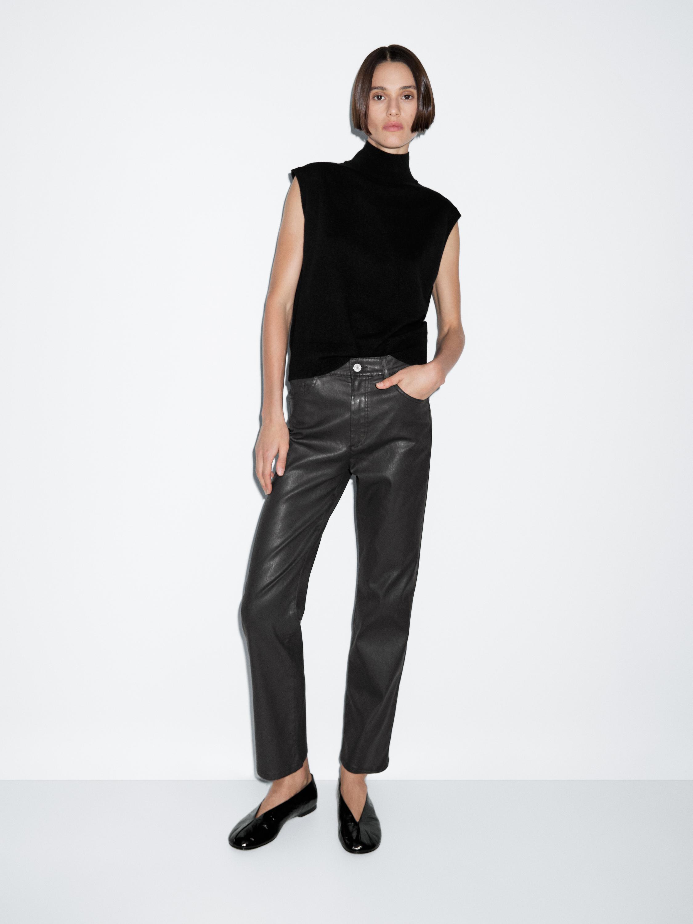 High-waist straight-leg waxed trousers